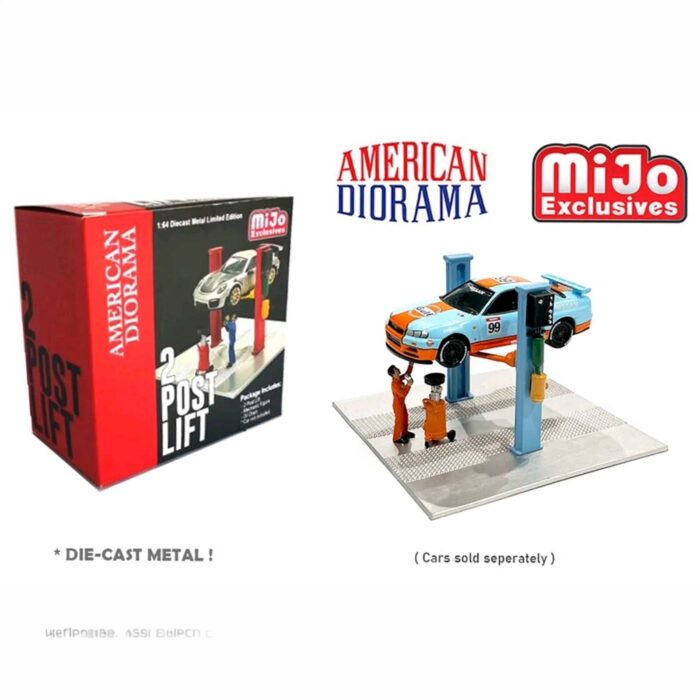 American Diorama - 2 Post Lift with Oil Drainer & Mechanic figure